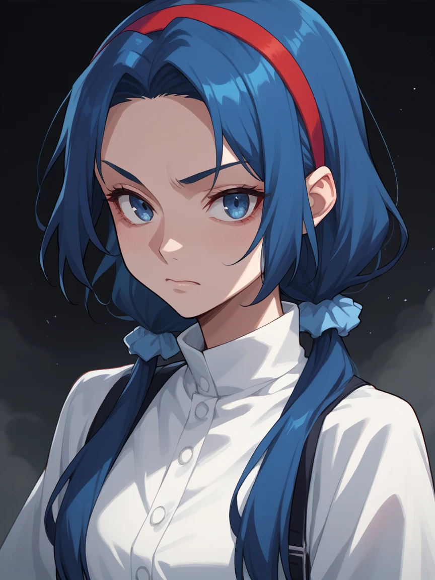 score_9, score_8_up, score_7_up, score_6_up, source_anime, 1GIRL, Evil Mita,blue eyes,parted bangs,long hair,red hairband,blue scrunchie,hairband,low twintails,blue hair,

