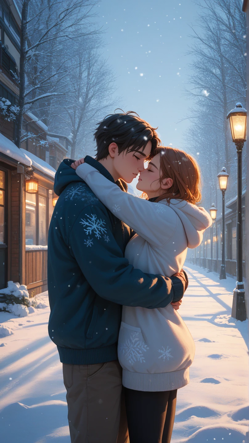 Create a serene winter scene on a street blanketed in thick snow, with snow-covered trees and softly glowing streetlights illuminating the area. In the center, depict a couple embracing warmly, dressed in cozy hoodies, their breath visible in the frosty air. Add details like their footprints in the untouched snow and gentle snowflakes falling from the sky. The atmosphere should be romantic, peaceful, and evoke a sense of intimacy and warmth amidst the cold.