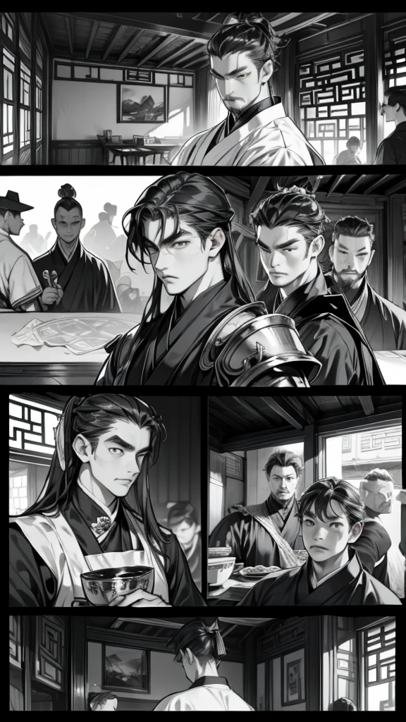        High Quality      、Chinese cartoons 、Black and White、Waiter in armor       、       The waiter explains it exactly 、       waiter carrying fried rice      、 Fried rice restaurant               、 (          five scenes          )、 