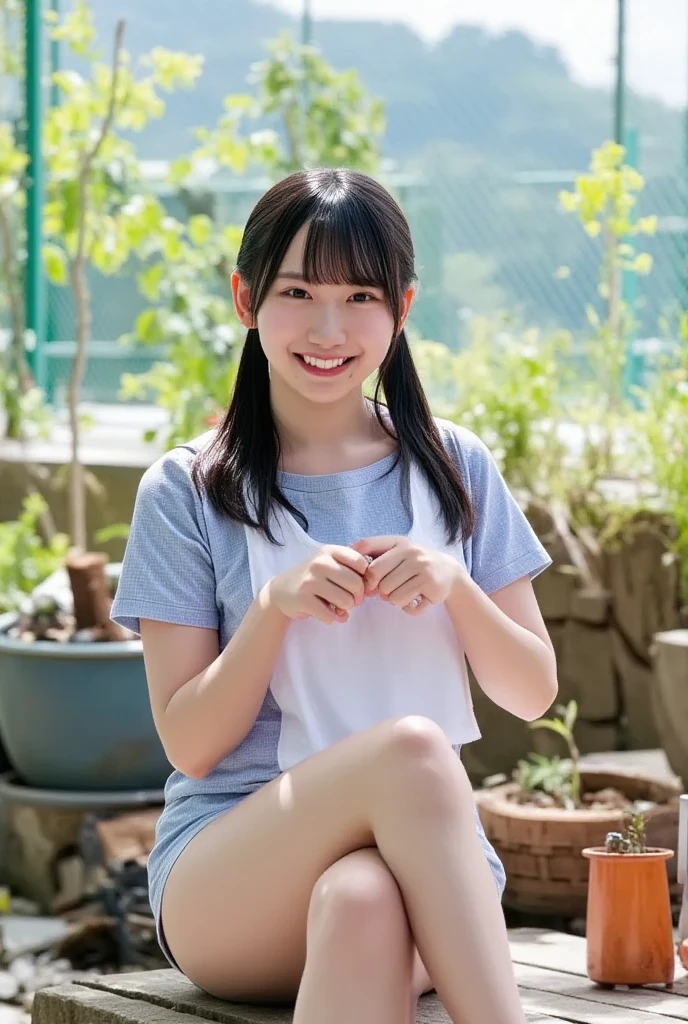 (sitting, open legs out, hands on chest, on), Japanese girl, late teenage, (best quality), (ultra detailed), (from front, on), (school swimwear, nipples through, half undress, on), (countryside, on), (in summer, on), natural lighting, (slender, muscular, medium breasts, on), smile, stick out tongue, (pussy juice, pubic hair, on)