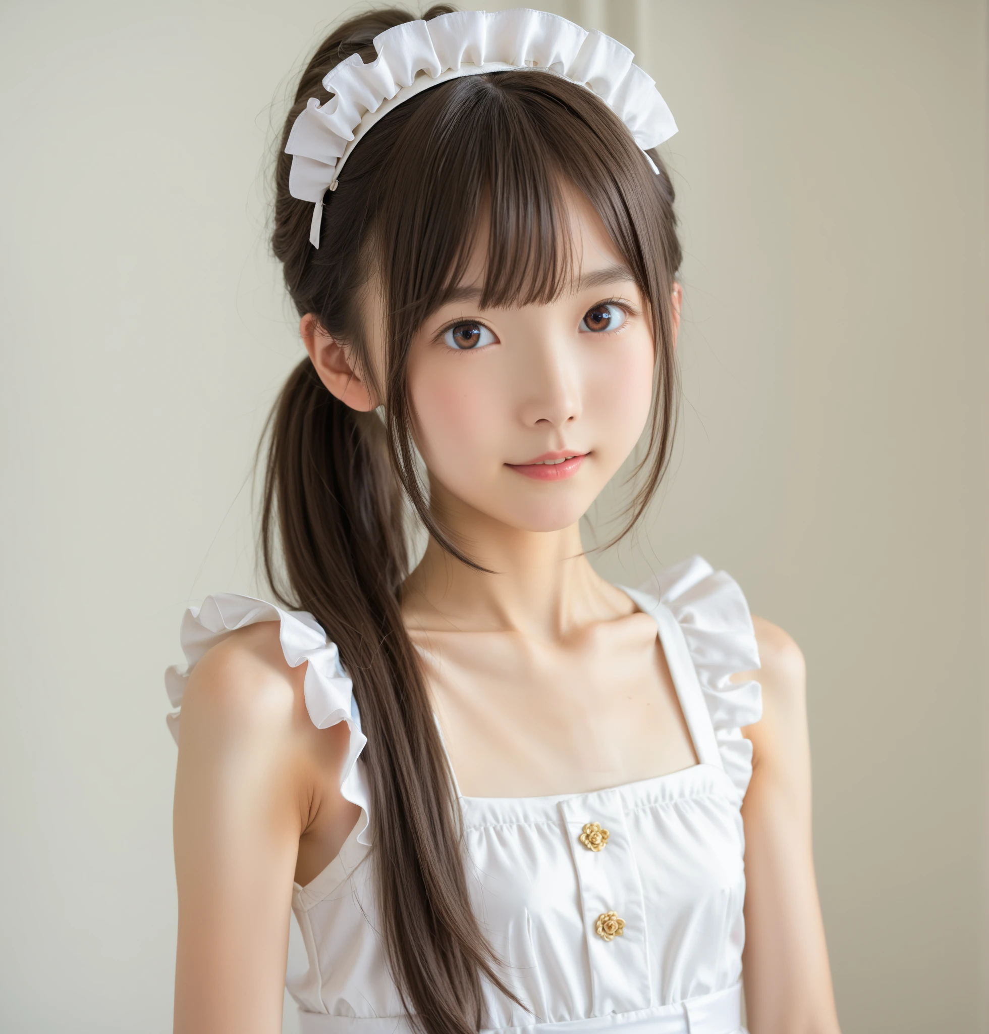  maid clothes ,university student,First Year,younger:1.5,skinny,lanky, waist anatomically correct, Cute Girl ,masterpiece, highest image quality taken by Ki,4K,8k,16k, brown eyes,Narrow shoulders:1.5, ponytail, long hair,Thin arms,Young, short,130cm, Japanese,Idol's Decisive Pose,score_7_up,rating_safe