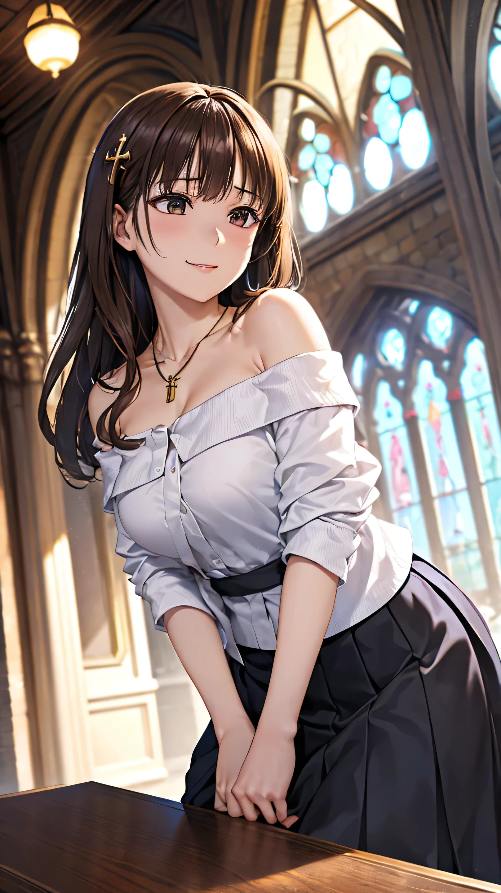 ((Tabletop, Highest quality, High resolution, , Pixel Perfect, 4K,))), 1 female, 、The whole body is visible、 ((Long Wavy Hair, bangs, Brown Hair)), ((Brown eyes, Beautiful eyelashes, Realistic eyes)), ((Detailed face, Blushing:1.2)), ((Smooth texture:0.75, Realistic texture:0.65, Realistic:1.1, Anime CG Style)), Medium sized breasts, Dynamic Angle, Perfect body, (( , , Beautiful Priest、、 Priest off-shoulder jacket、Priest Flare Skirt、、)), Gold Hair Ornament、Cross Necklace、Earrings、Very embarrassing panic smile, 、Gorgeous church basilica、、Hold a big Bible、Leaning forward、Stick your butt out、Lacy pink bra、、、、、 、Angle from below)、