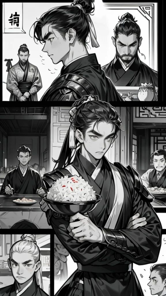        High Quality      、Chinese cartoons 、Black and White、Waiter in armor       、       The waiter explains it exactly 、       waiter carrying fried rice      、 Fried rice restaurant               、 (          five scenes          )、 