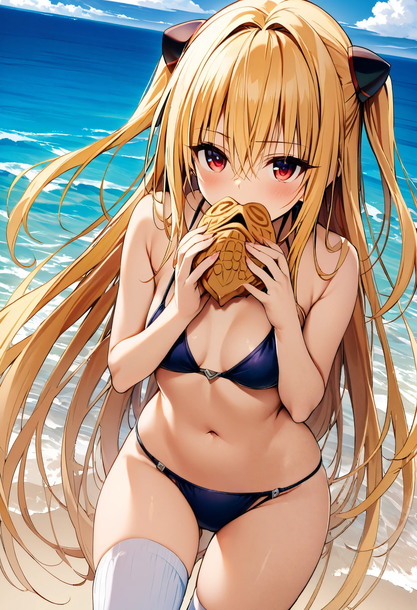 ., top quality,Masterpiece,Dark Azure , 1 girl,solo, long hair,Blonde,,very  long hair, red eyes,two side up, hair ornament,chest,, is looking, thigh-length socks , cowboy shooting,small chest, ocean , bikini, cover my mouth with my hands, bikiniを脱ぐ,Eat Taiyaki