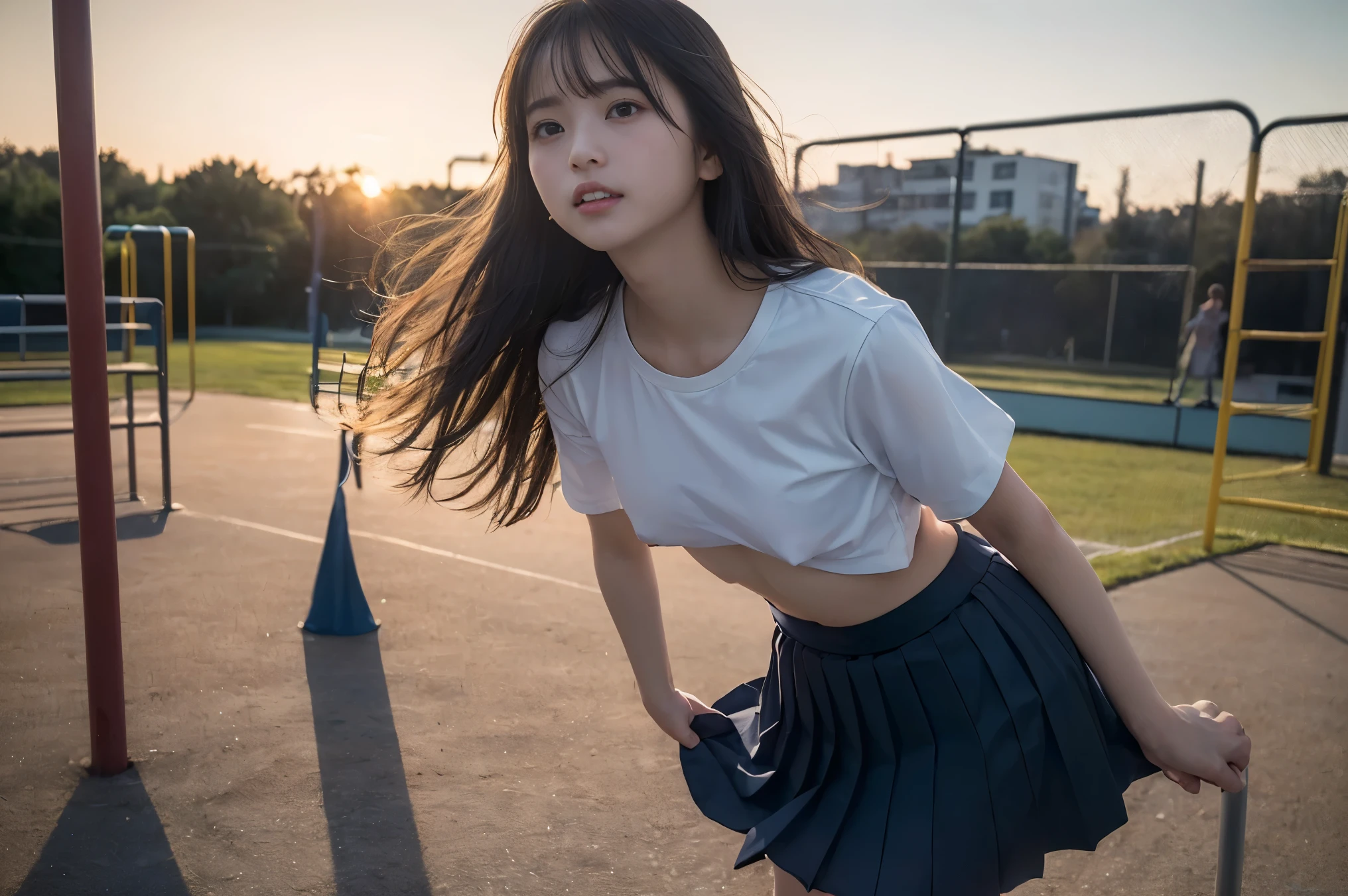 Big Jump、Angle from below、Hair blowing in the wind、typhoon、Flip Up Skirt、Flip-up skirt、Female university student、highest quality、Bokeh、super strong wind、