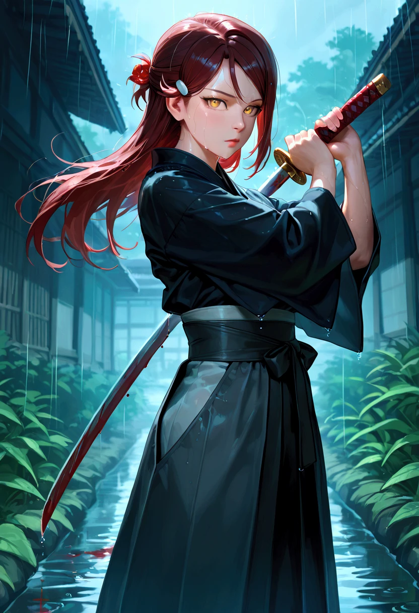 sakurauchi riko, 1girl, solo, long hair, looking at viewer, large breasts, long sleeves, hair ornament, standing, yellow eyes, outdoors, cowboy shot, red hair, japanese clothes, hairclip, wide sleeves, holding weapon, hands up, wet, blood, floating hair, holding sword, katana, hakama skirt, half updo, rain, serious, water drop, black kimono, architecture, black hakama, 8k, high-quality, realistic, photo-realistic, muscular tall man, super saiyan, spiky brown hair, monochrome outfit, blue accent lines on clothing, dragon ball z, intense aura, action pose, black and grey outfit, vast energy flow, grassy outdoor background, robot