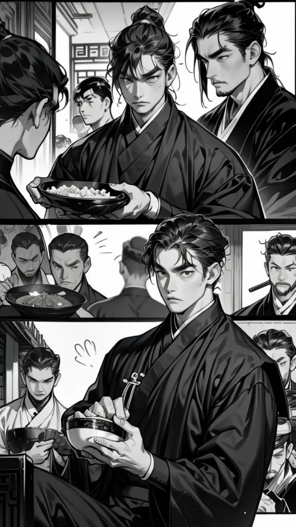         High Quality       、Chinese cartoons 、Black and White、Waiter in armor         、       The waiter explains it exactly 、         waiter carrying fried rice        、 Fried rice restaurant                 、 (           five scenes           )、 