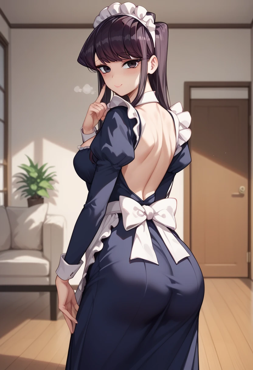 ( mature woman),  fair skin , ( wearing a maid uniform), (( character: Shouko Komi de Komi-san)),  pretty face, ((naughty face)), chest,  pantyhose , Sensual, (long skirt), hand up the skirt, ( blushed face), beautiful buttocks, (( rear view)),  highest quality , standing pose, (Bottom: inside a dark Japanese room at night)