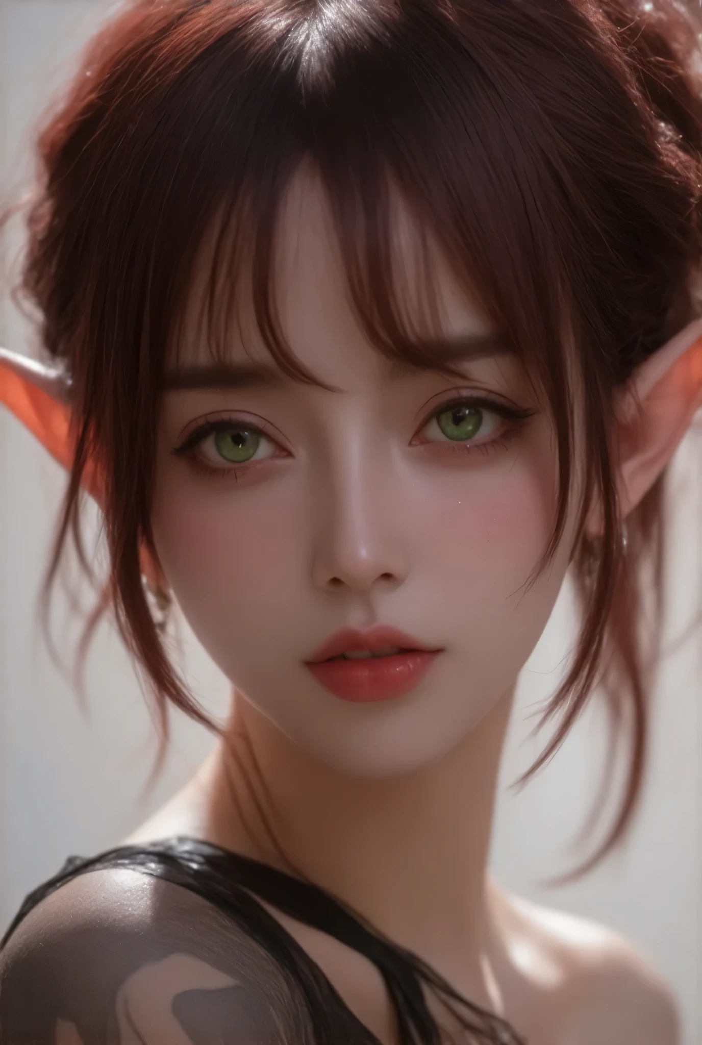 Create a stunning portrait of a fantasy character with the following features: 

- The character is an elf with pointed ears, showcasing intricate tattoos that extend from the neck to the shoulders. 
- They have shoulder-length, wavy hair that is a deep crimson color, with strands that frame their face softly.
- Their eyes should be strikingly vivid green, with a hint of mystery and depth.
- The skin tone is fair, adorned with delicate freckles scattered across the cheeks and nose.
- The expression is calm and contemplative, capturing a sense of wisdom and allure.
- They are wearing a dark, elegant outfit with subtle textures that hint at a fantasy aesthetic.
- Accessories include a decorative earring on one ear, contributing to their overall mystical appearance.

The background should be a soft, blurred gradient, enhancing the character's features without distraction