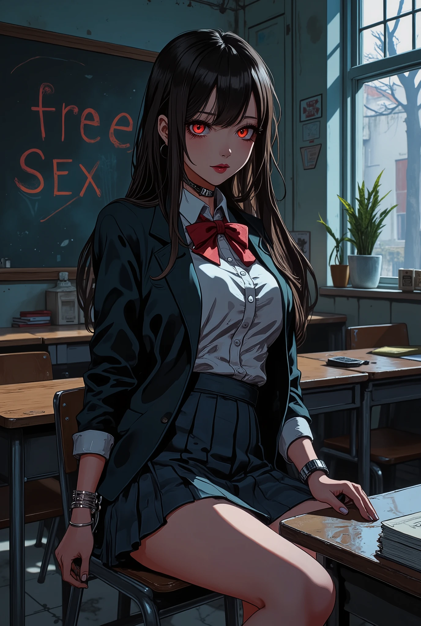 classroom,  blackboard , ((chalk letter "free sex":1.6)), Scenery of girls' high school, beautiful high school student,  Misiku Details,  Beautifully Detailed Lips , smile,  very detailed eyes and face,  long lashes,  brown hair long straight, Red eyes, Detailed finger features, (School blazer , Pleated skirt,  Y shirt, ribbon), 雰囲気のあるclassroom,  dramatic lighting ,  dark fantasy ,  indecent vibe, Beautiful round breasts:1.2,  tempting viewers :1.2,  bright color,  cinematic composition ,  anime style :1.2, Detailed CG illustration, 8k, masterpiece．