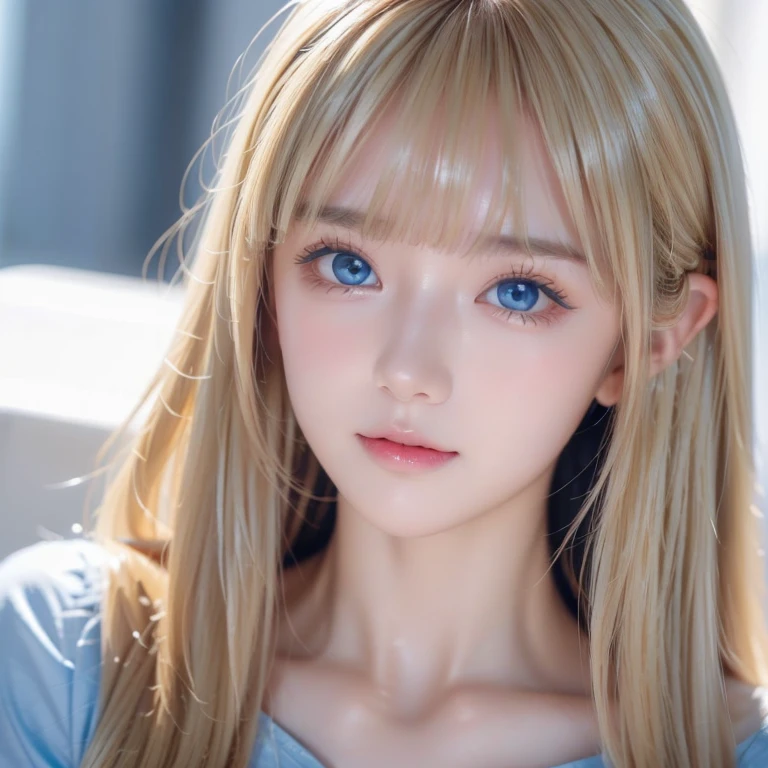 Dressed、( realistic:1.4)、( hyperrealistic :1.4)、( realistic:1.3)、(Smooth lighting:1.05)、( MOVIE LIGHTING QUALITY IMPROVED :0.9)、32K、 1 girl 、Very cute expression、Beautiful  blonde girl 、Bangs in the face、 leave icy bangs between eyes and nose、 realistic top lighting、backlit、 face light 、 super long silky platinum hair 、Blonde's rays 、( bright light:1.2)、(quality improvement:1.4)、( top quality realistic textured skin :1.4)、 very beautiful,  Details, Big, shiny, very vivid, light blue eyes、 Very Big Eyes 、 Detailed face、 careful eye for quality 、(tired, Sleepy and satisfied: 0.0)、 face close-up 、 T-Shirts、( highlight body line :1.1)、( enhances the beauty of skin texture:1.1)、 Cheek Gloss Highlighter、Small Face Beauty、Round face、bangs,  long hair, Blonde,  very long hair, bangs between the eyes,  hair hiding one eye ,  shiny hair , Hair in the eyes,  smiles, 