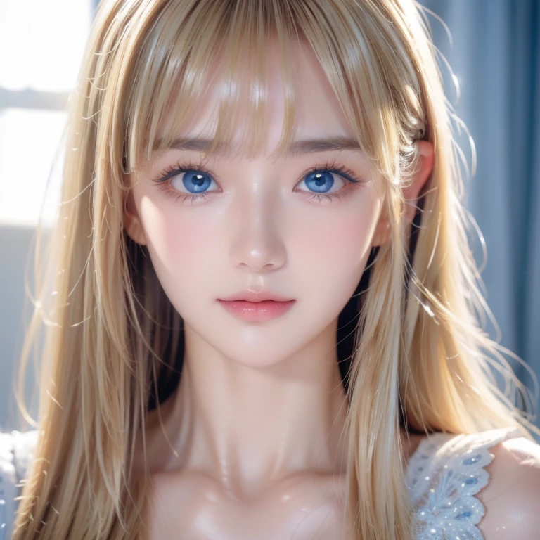 Dressed、( realistic:1.4)、( hyperrealistic :1.4)、( realistic:1.3)、(Smooth lighting:1.05)、( MOVIE LIGHTING QUALITY IMPROVED :0.9)、32K、 1 girl 、Very cute expression、Beautiful  blonde girl 、Bangs in the face、 leave icy bangs between eyes and nose、 realistic top lighting、backlit、 face light 、 super long silky platinum hair 、Blonde's rays 、( bright light:1.2)、(quality improvement:1.4)、( top quality realistic textured skin :1.4)、 very beautiful,  Details, Big, shiny, very vivid, light blue eyes、 Very Big Eyes 、 Detailed face、 careful eye for quality 、(tired, Sleepy and satisfied: 0.0)、 face close-up 、 T-Shirts、( highlight body line :1.1)、( enhances the beauty of skin texture:1.1)、 Cheek Gloss Highlighter、Small Face Beauty、Round face、bangs,  long hair, Blonde,  very long hair, bangs between the eyes,  hair hiding one eye ,  shiny hair , Hair in the eyes,  smiles, 