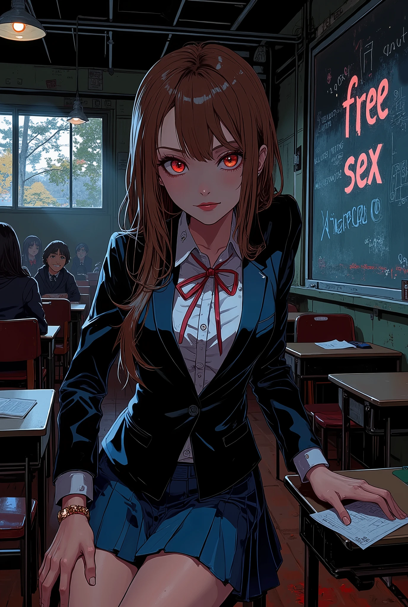 classroom,  blackboard , ((chalk letter "free sex":1.6)), Scenery of girls' high school, beautiful high school student,  Misiku Details,  Beautifully Detailed Lips , smile,  very detailed eyes and face,  long lashes,  brown hair long straight, Red eyes, Detailed finger features, (School blazer , Pleated skirt,  Y shirt, ribbon), 雰囲気のあるclassroom,  dramatic lighting ,  dark fantasy ,  indecent vibe, Beautiful round breasts:1.2,  tempting viewers :1.2,  bright color,  cinematic composition ,  anime style :1.2, Detailed CG illustration, 8k, masterpiece．