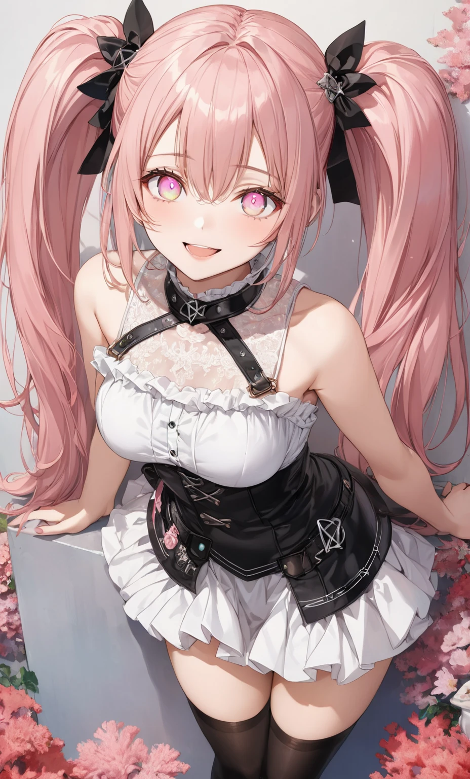 big lips, pink hair, pink eyes, japanese face, gyaru, huge breasts, wide hips, sexy, pink theme, kawaii, detailed,  decora, bangs, grin, gyaru outfit, kawaii,  pink and black outfit,, horns, cute succubus, small succubus wings, winking, eye wink, , twin tails,  winky face, , nicole demara, cityscpe, city scape, city background, nicole zzz, zenless zone zero, from below, perfect angle, HD quality, 8k, green eyes, loser hand sign, loser, L, perfect hands, 