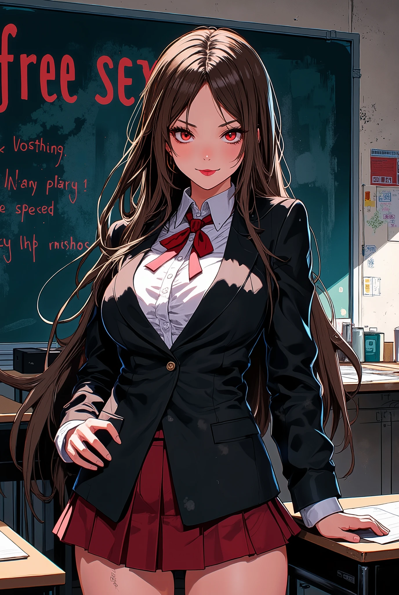 classroom,  blackboard , ((chalk letter "free sex":1.6)), Scenery of girls' high school, beautiful high school student, ((( open your mouth, smile:1.4))),  Misiku Details,  Beautifully Detailed Lips ,  very detailed eyes and face,  long lashes,  brown hair long straight, Red eyes, Detailed finger features, (School blazer , Pleated skirt,  Y shirt, ribbon), 雰囲気のあるclassroom,  dramatic lighting ,  dark fantasy ,  indecent vibe, Beautiful round breasts:1.2,  tempting viewers :1.2,  bright color,  cinematic composition ,  anime style :1.2, Detailed CG illustration, 8k, masterpiece．