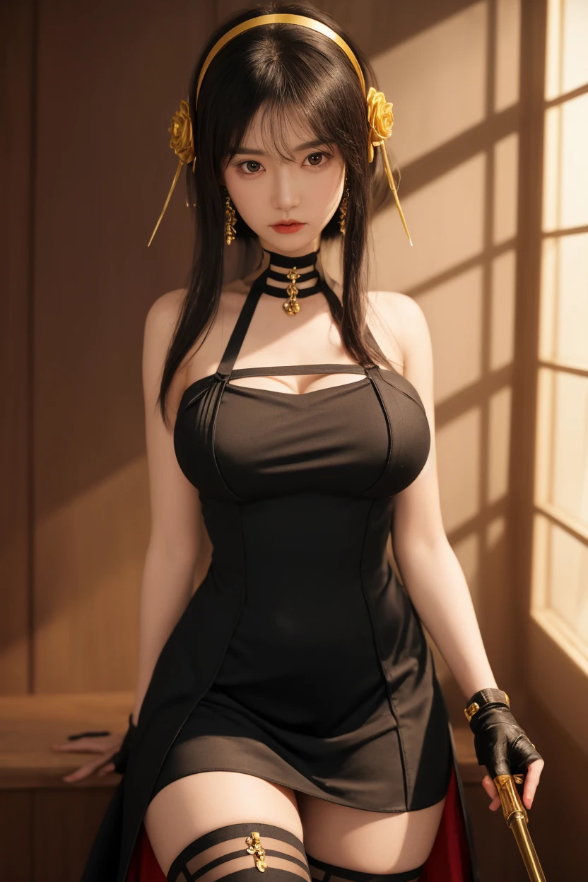 Yor Briar,

One girl, Backlight, Exposing shoulders, Black background, black dress, black gloves, Black Hair, Blood, Blood on face, Blood on arms, chest, Mouth closed, Cowboy Shot, dress, Earrings, Expressionless, fingerless gloves, Floating Hair, flower柄プリント, flower, gloves, gold Earrings, gold hair band, hair flower, hair ornaments, hair band, Holding, Holding arms, jewelry, large chest, Particles of light, Long Hair, View your viewers, off-shoulder dress, Off the shoulder, flowerびら, Red eyes, Rose, Rose flowerびら, Rose print, Long Hairの短い髪, Side Lock, alone, spike, Thighs, two-sided dress, Double-sided fabric, arms

, ((masterpiece))

