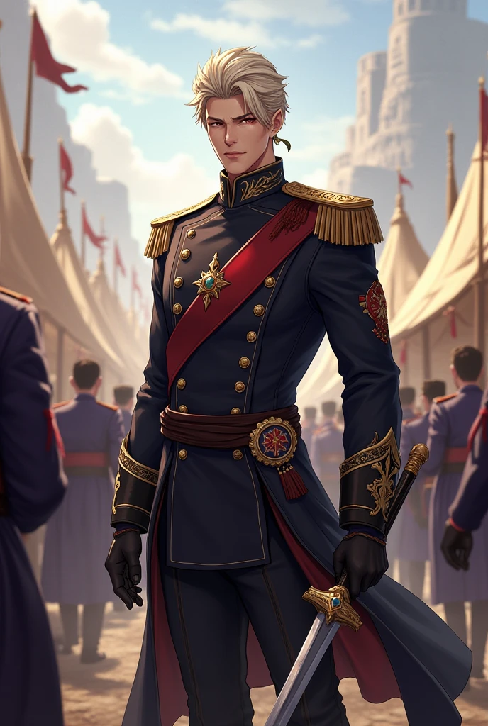 (masterpiece, best quality), 1 male, mature, aged up:1.4, tall muscular guy, broad shoulders, finely detailed eyes and detailed face, best ratio four finger and one thumb, best light and shadow, very short hair, undercut, mercenary, suit, fantasy landscape,wizard landscape, brown eyes, Red uniform, knight, holding a wand.