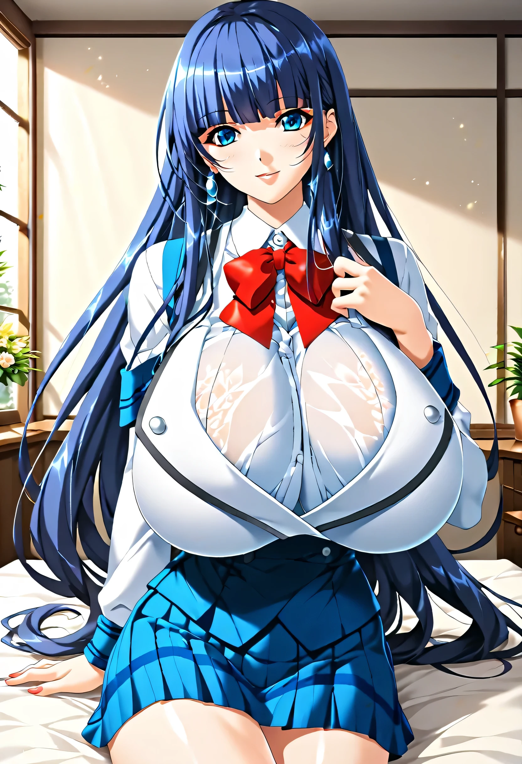 (masterpiece,  best quality,  anime style , Game_CG,  absurd:1.2),  1 Japanese woman,  high school girl, Fuutou Shizune,  beautiful character design,  long hair,  2D Style Face ,  Perfect Face,  beautiful faces,  beautiful detailed eye depiction ,  school uniform, (huge breasts:1.1),  Thin Waist,  feminine attitude like China, At school, Daytime 