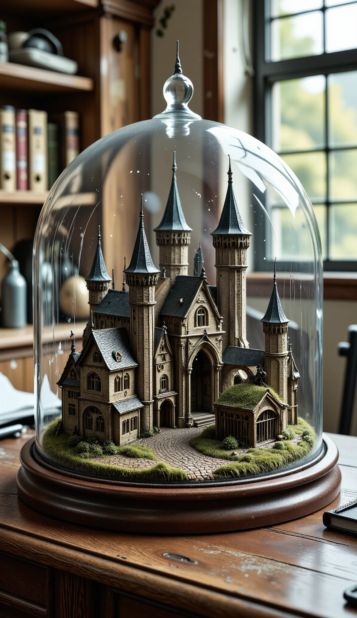 Bubble Kingdom ,  medieval village in a glass bubble on an office desk