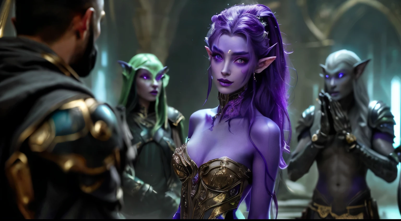 a woman with purple hair and alien makeup standing in front of a group of aliens, beautiful elf with violet skin, hyperrealistic fantasy art, dark elf princess, epic fantasy art style, beautiful dark elf countess, epic fantasy art style hd, alien princess, hyperrealistic d & d fantasy art, digital fantasy art ), amazing fantasy art, hyperdetailed fantasy character, a hyper realistic image