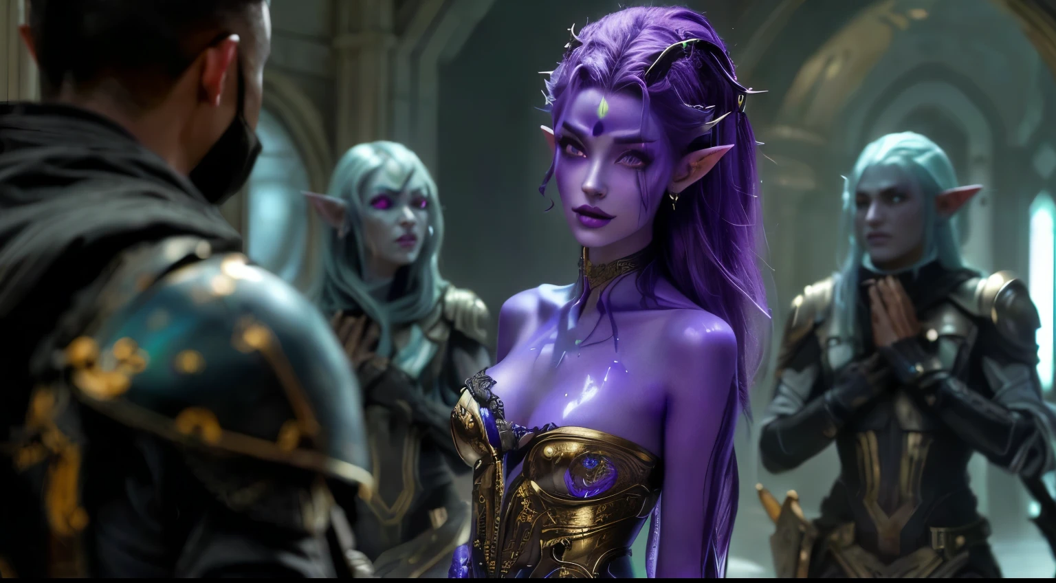 a woman with purple hair and alien makeup standing in front of a group of aliens, beautiful elf with violet skin, hyperrealistic fantasy art, dark elf princess, epic fantasy art style, beautiful dark elf countess, epic fantasy art style hd, alien princess, hyperrealistic d & d fantasy art, digital fantasy art ), amazing fantasy art, hyperdetailed fantasy character, a hyper realistic image