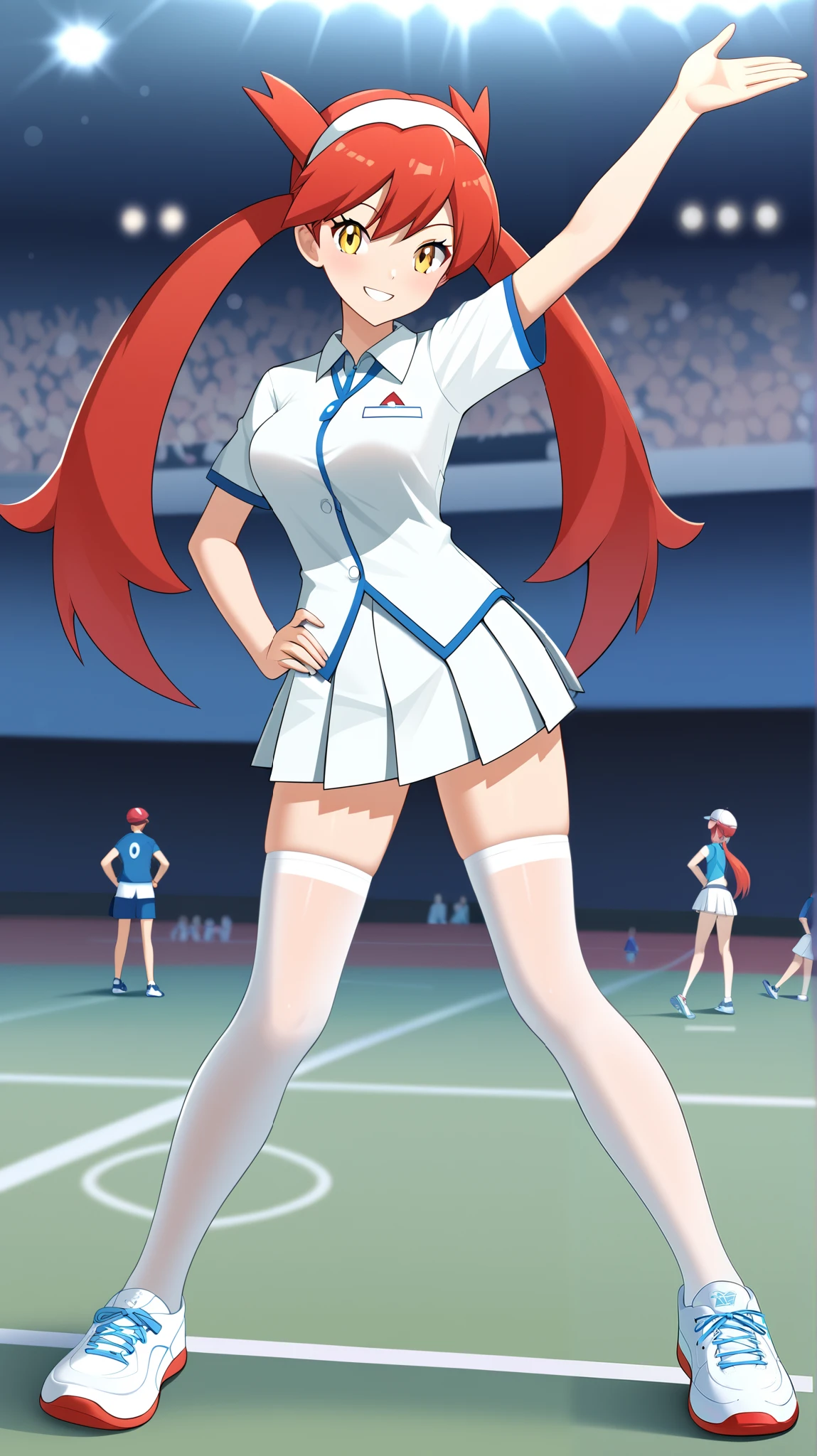 (( top quality)), ((masterpiece)), (( Details)), 1girl, Two legs, two arms, Red hair color,  twin tails,  long hair, Yellow Eyes, Ample breasts,  Tall,  Audience , 1 Female, Age 18,  tennis wear, White short-sleeved shirt,  white pleated miniskirt,  white knee-high stockings reflective on glass floors,  absolute domain,  thighs, white lace up shoes ,  sexy smile,  seductive smile , Place one hand on hip, Slim figure,  is standing,  ANIME COLORING BOOK,  score_9,  score_8_Excellent,  score_7_Excellent,  score_6_Excellent,  source_Anime,  cell shading,  flat color, vector, (\ Pokémon\),  tennis court,