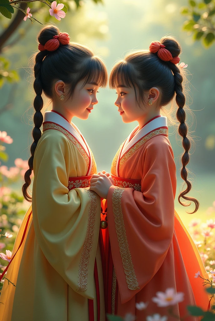 Twin boy, (((gold and red dress))), flowers, jewelry, long sleeves, wide sleeves, chinese clothes, hanfu, embroidery, long skirt, long flowing hair, detailed face, detailed beautiful eyes, (intricate:1.3), (arcane aura:1.2), (dreamlike:1.3), (subtle mist:1.1),(vibrant colors:1.2), (detailed hair:1.3), (ultra realistic details:1.5),