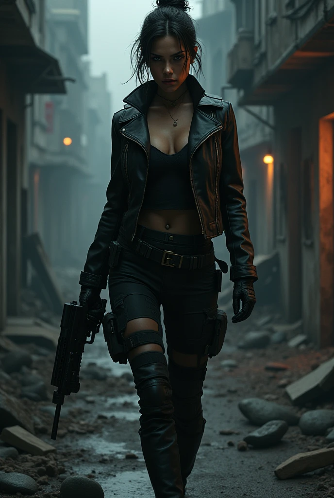 incredibly sexy leather clad punk rock revenge chick holding a pistol standing in a derelict alleyway in the rain at night