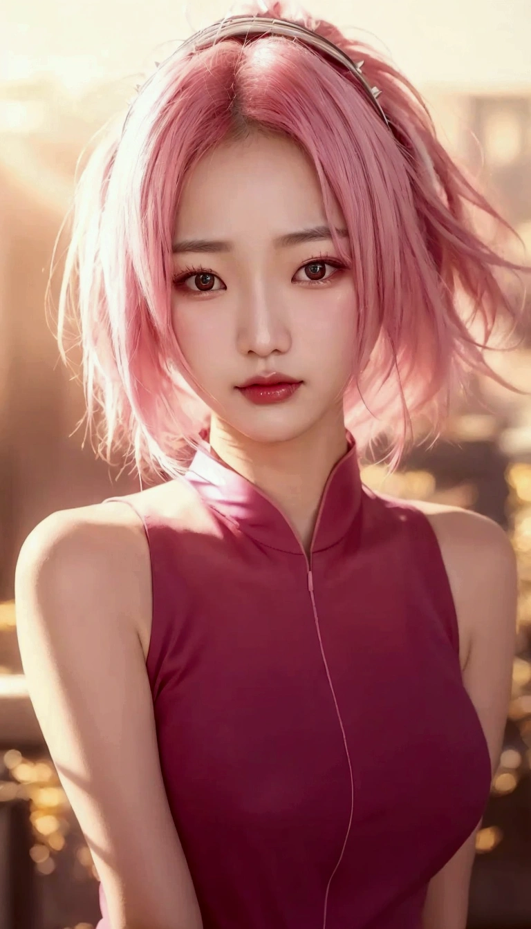 Sakura Haruno art 3D Best quality, Masterpiece, big , (big breasts), detailed skin texture, detailed cloth texture, detailed face, Super detail, 8K, the hard part, 1 girl, rich bright pink hair, beautiful lips