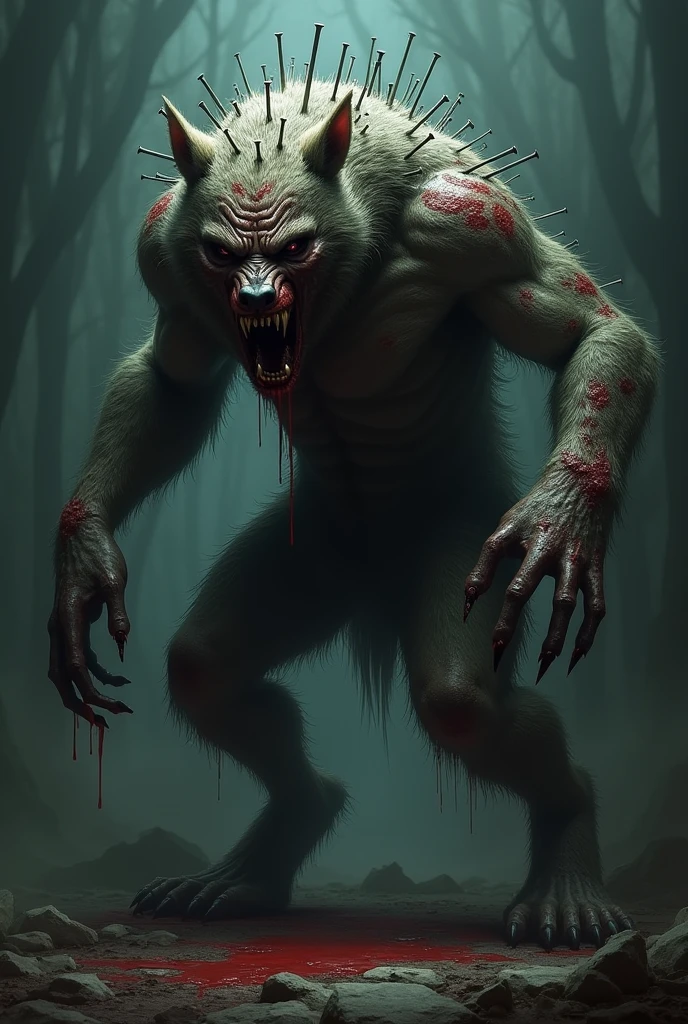A realistic depiction of a werewolf with limp muscles due to his stomach being torn open by a pack of leeches in a swamp