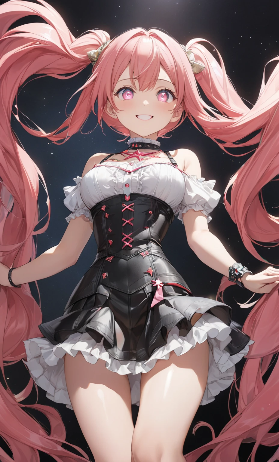 ((Highest quality)),(超High resolution),(Very detailed),(Detailed Description),((The best CG)),(masterpiece),Ultra-detailed art、(Highest quality、8k、32K、masterpiece)、(Realistic)、(Realistic:1.2)、(High resolution)、Very detailed、Very beautiful face and eyes、1 female、Tight waist、Delicate body、(Highest quality、Attention to detail、Rich skin detail)、(Highest quality、8k、Oil paints:1.2)、Very detailed、(Realistic、Realistic:1.37)、Bright colors、Beautiful Japanese Woman、Detailed face、Smooth Skin、Big Breasts、A young woman in her early 20s、I work as a maid in a cyberpunk town.。he((Long, straight pink hair、Twin tails、Neon green ribbon))。he女の目は大きく、It is cybernetically enhanced、It has a luminous, otherworldly appearance.。he女は未来的なメイド服を着ており、((The black and white dress features metallic accents.、She wears a fitted bodice with a high collar and a short skirt with holographic ruffles:1.3))。(he女はLEDパターンが組み込まれた太ももまでのストッキングと、She's wearing shiny black boots)。he女のアクセサリーには、((A headband with cybernetic cat earr.々There is a small apron with some high-tech gadgets.))。((In the background、Holographic advertising、Flying cars、You'll see bustling neon-lit cityscapes filled with advanced robot residents.:1.6))。he女が働いているカフェの内部は、A stylish, high-tech cafe with glowing tables and futuristic décor。