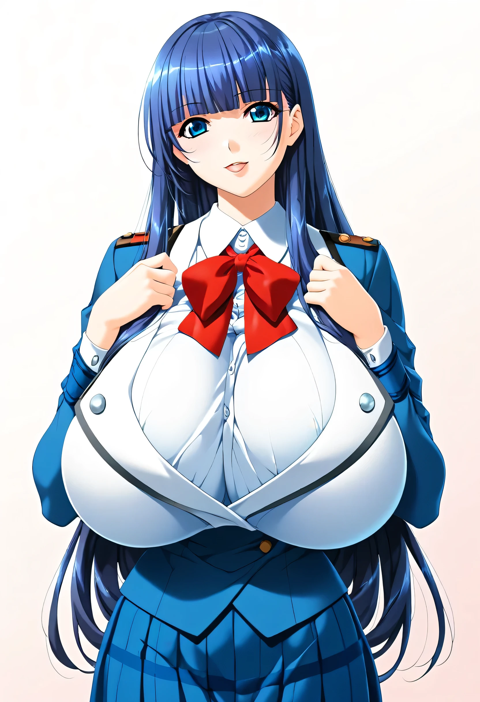 (masterpiece,  best quality,  anime style , Game_CG,  absurd:1.2),  1 Japanese woman,  high school girl, Fuutou Shizune,  beautiful character design,  long hair,  2D Style Face ,  Perfect Face, Young face,  beautiful detailed eye depiction ,  school uniform, (huge breasts:1.0),  Thin Waist,  is standing,  feminine attitude like China, At school, Daytime