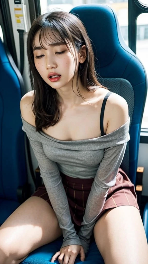 (top-quality、8K、32K、masterpiece、nffsw:1.2)、Photo of a cute Japanese woman、Very detailed 8k wallpaper、top-quality、ultra-detailliert、masterpiece、realisitic、Photo Real、extremely detailed cute girl、20yr old、(skirt rift)、((skirt lift by yourself))、Black panties、panties focus、red blush、cparted lips、looking at the viewers、wearing a shirts、Dull front、On the train、a baby face、no-bra、Bright lighting、White underwear、