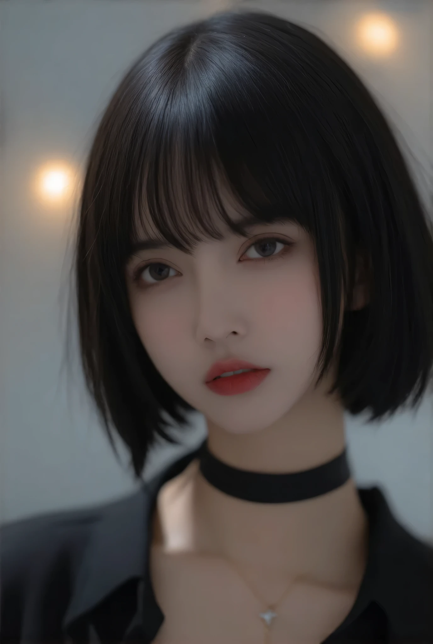 Create a highly detailed portrait of a mysterious young woman with striking features. She has short, tousled black hair and intense, deep-set eyes with a hint of red. Her lips are full and painted a bold red, suggesting an air of confidence. She wears a white shirt with a delicate, dark choker adorned with a small, sharp pendant. The style is semi-realistic with a slightly ethereal atmosphere. There are subtle, decorative facial markings on her forehead, adding to her enigmatic charm. The background should be softly blurred, with warm bokeh lights enhancing the overall mood. Focus on the play of light and shadow to accentuate her facial contours and expression