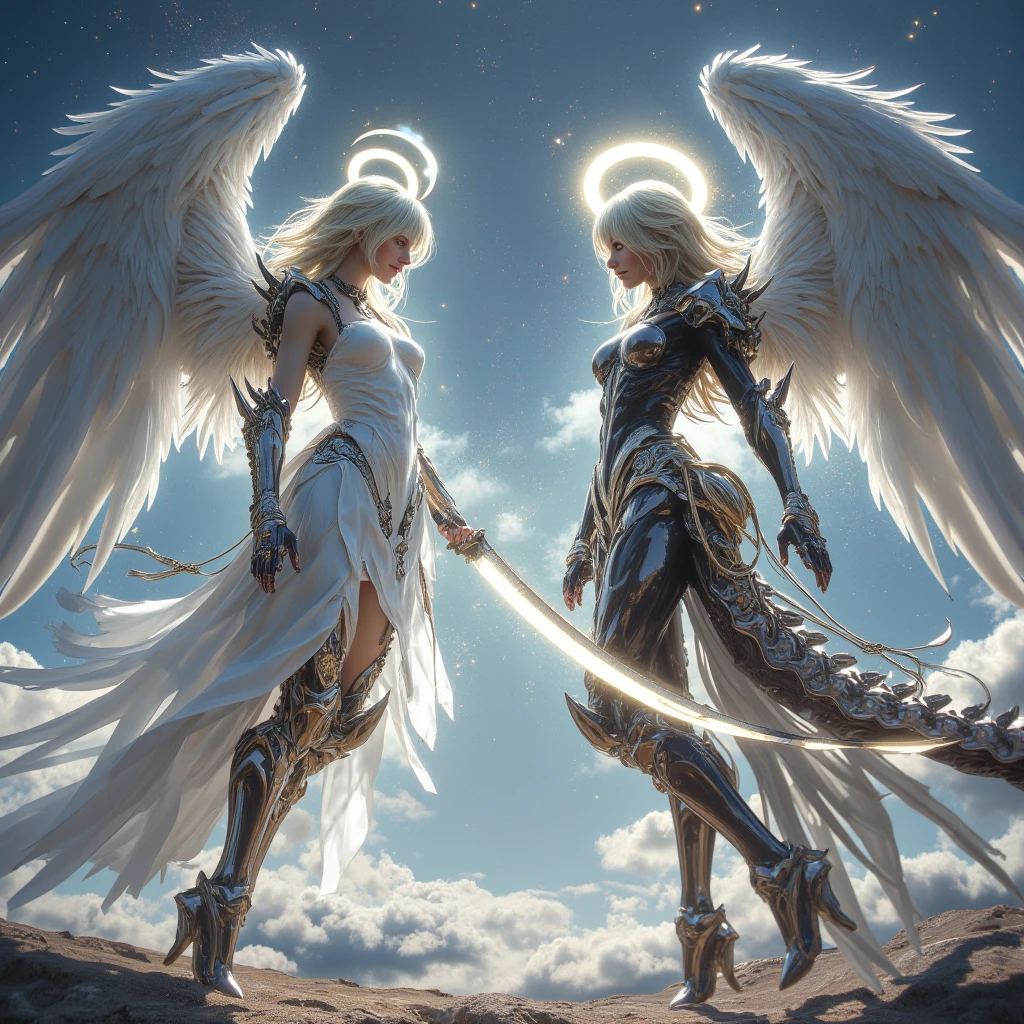 (a back view model shot taken from the back: 1.5), female angel (Masterpiece, intense details: 1.3), paladin, holy warrior, short blond hair, determined face, full body, armed with sword, holy symbol, (wearing white armor: 1.3), ((fully dressed: 1.5)), (wings sprouting from the back: 1.3) spread large feathered wings, majestic wings, white angelic wings, moon light, moon, stars, clouds, cemetery background, anatomically correct (Masterpiece, intense details: 1.3), god rays, cinematic lighting, glowing light, photorealism, panoramic view, Wide-Angle, Ultra-Wide Angle, 16k, highres, best quality, high details, ultra detailed, masterpiece, best quality, (extremely detailed), arafed, dnd art, armored dress