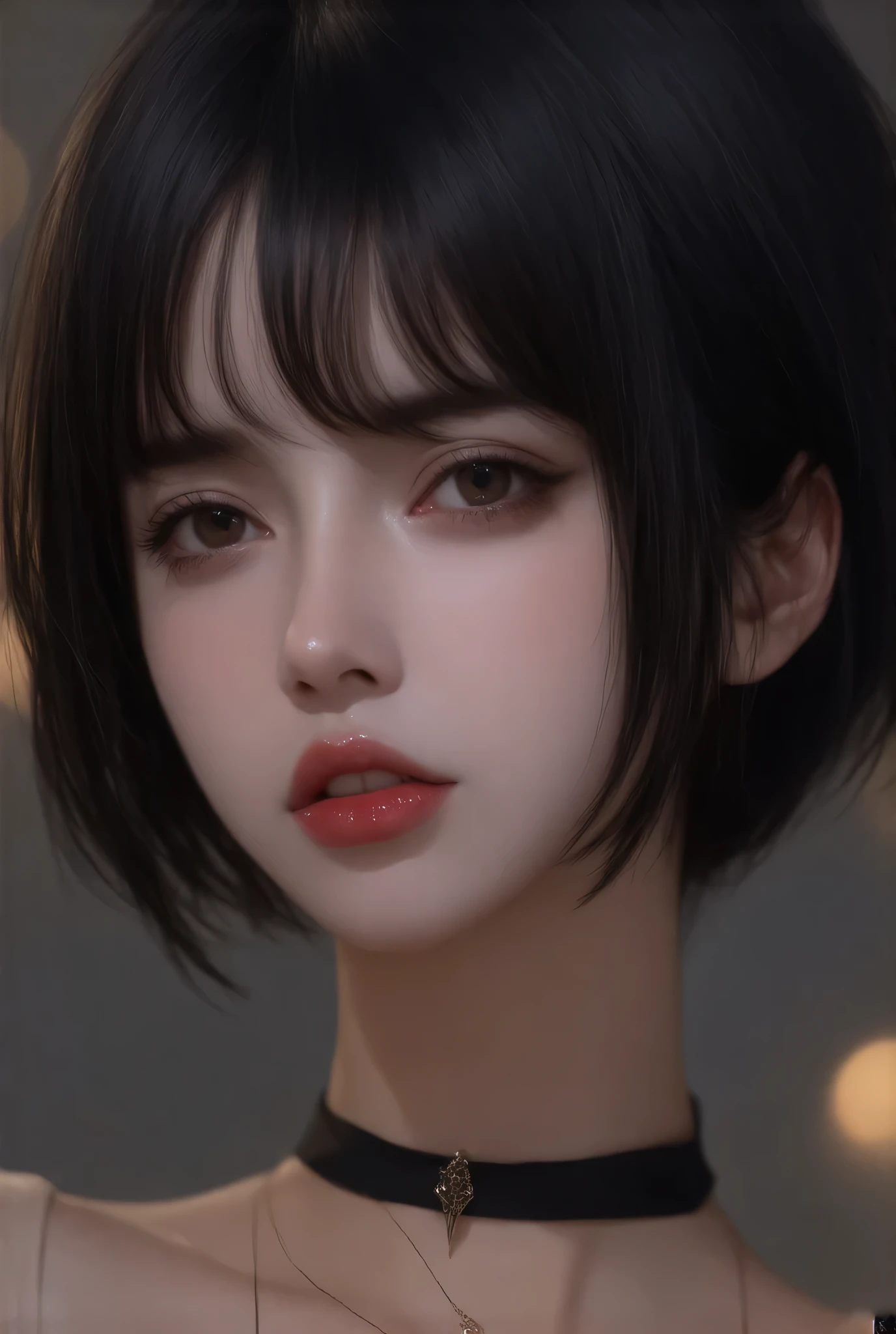 Create a highly detailed portrait of a mysterious young woman with striking features. She has short, tousled black hair and intense, deep-set eyes with a hint of red. Her lips are full and painted a bold red, suggesting an air of confidence. She wears a white shirt with a delicate, dark choker adorned with a small, sharp pendant. The style is semi-realistic with a slightly ethereal atmosphere. There are subtle, decorative facial markings on her forehead, adding to her enigmatic charm. The background should be softly blurred, with warm bokeh lights enhancing the overall mood. Focus on the play of light and shadow to accentuate her facial contours and expression
