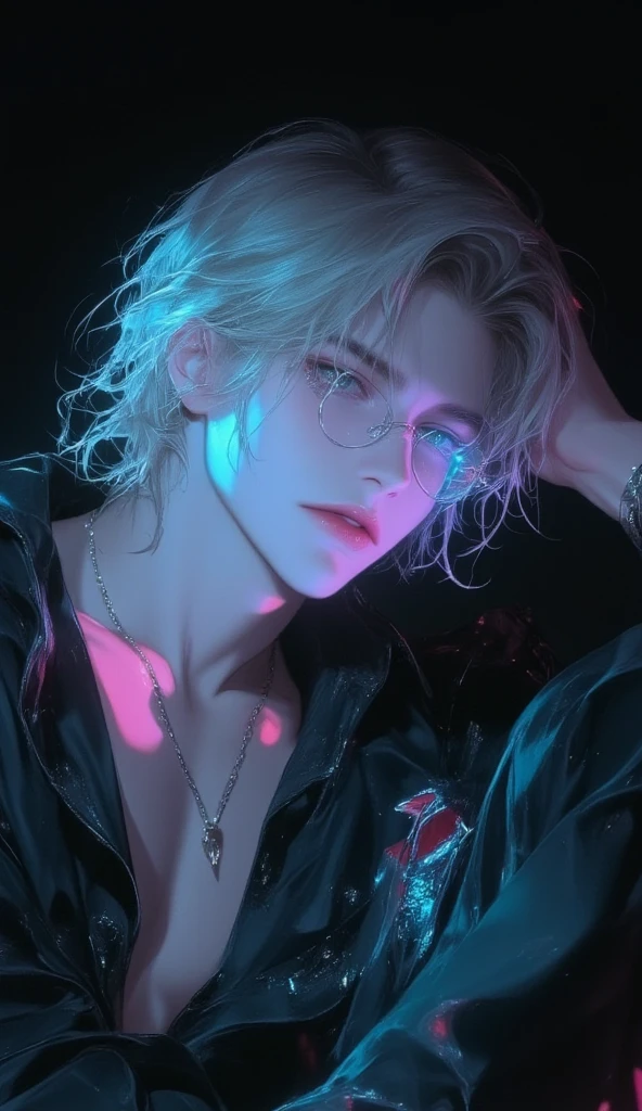 Make a blond man ,  short hair,  green eyes , wear clear lens glasses , quadricular face , and wears ordinary clothes , shirt and pants , strike a pose, Use cool shades ,  use a cool color palette under low light giving an intimidating air to the image.