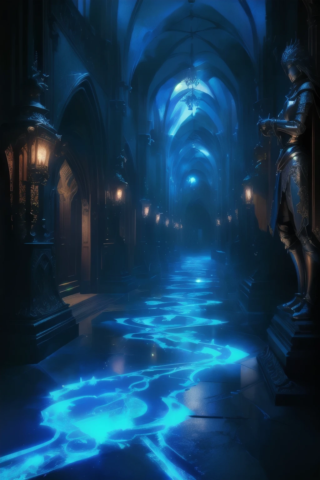 （masterpiece,Best quality 1.2),A never-ending hallway、Dark corridor、 Gothic Architecture , Beautiful metal knight statues on the left and right,（ more details、 high definition),[[ Mysterious Blue Fluorescent Spell ]]is arranged in space, Contrast of Light and Shadow 、Reflection of light、 unrealistic