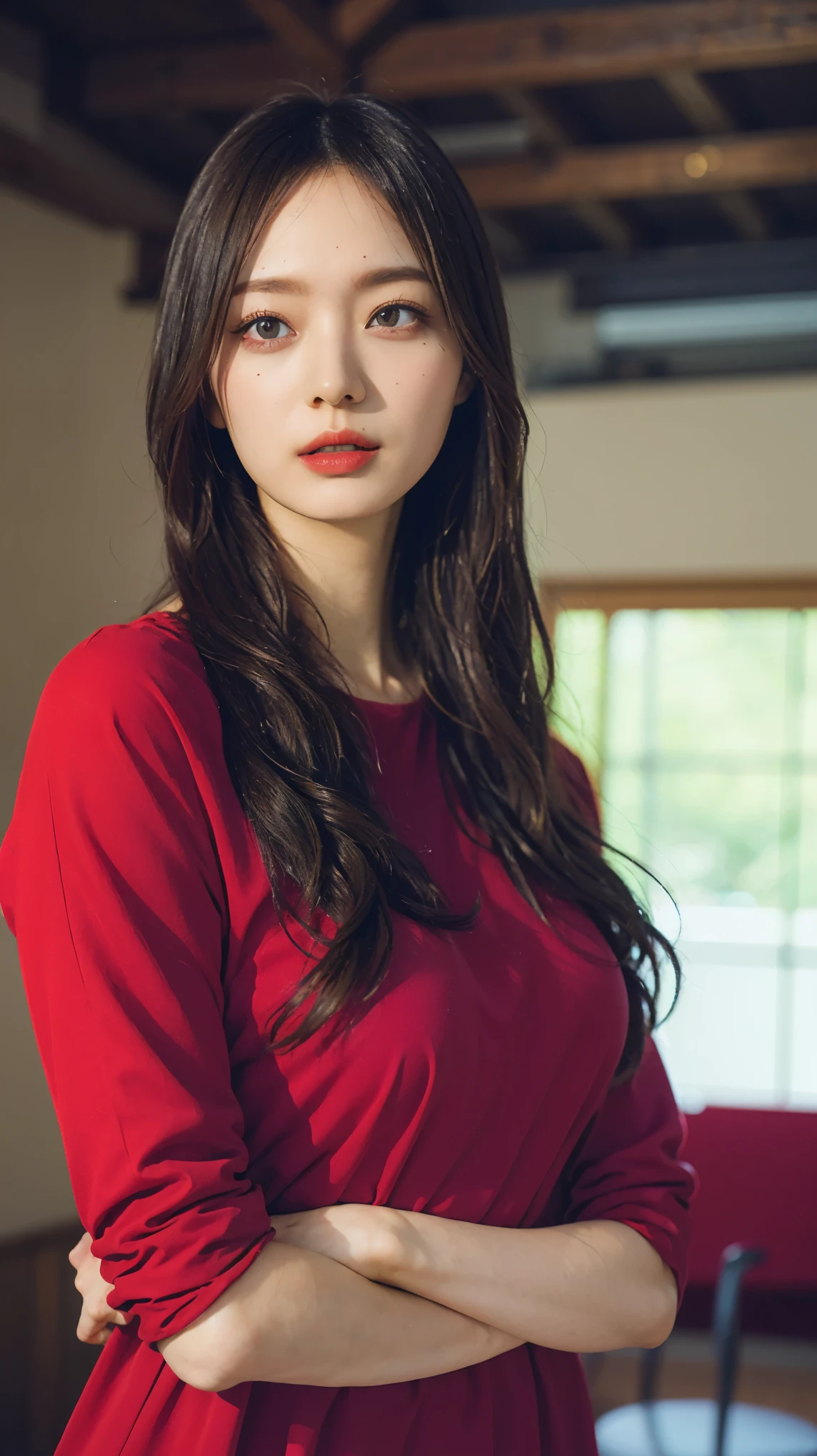 One Girl, woman, masterpiece, Best Quality, Best Quality, Cinema Lighting, (Volumetric lighting), Very detailed CG unity 8K wallpaper, , 8K wallpaper, Very detailed, Ultra-realistic, Realistic, Sharp focus, Absurd, (High resolution:1.2), (High Contrast), photograph, Detailed and complex, instagram, Portraiture, Very detailedな, DIGITAL PAINTING, Art Station, Concept Art, , Sharp focus, Illustration, Cinema Lighting, (natural Big Breasts, Large Breasts), Medium Shoulder, (Pale skin:1.4), (((Wearing red clothes))), ((whole body)), ((Long Hair)), Please redeem, Supernatural image quality, Large Breasts, Big Breasts, Show off your thighs, whole bodyphotograph
