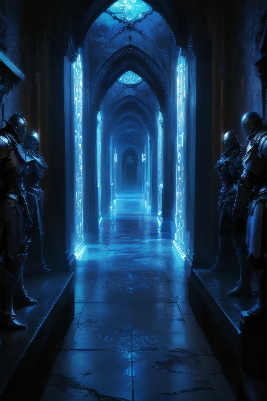 （masterpiece,Best quality 1.2),A never-ending hallway、Dark corridor、 Gothic Architecture , Beautiful metal knight statues on the left and right,（ more details、 high definition),[[ Mysterious Blue Fluorescent Spell ]]is arranged in space, Contrast of Light and Shadow 、Reflection of light、 unrealistic