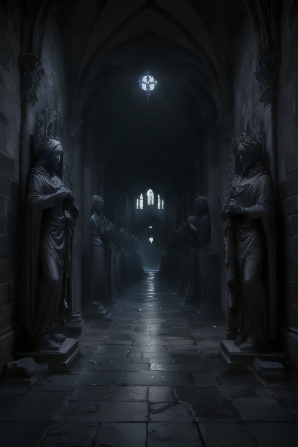 A dimly lit hallway with statues and a clock in the middle - SeaArt AI
