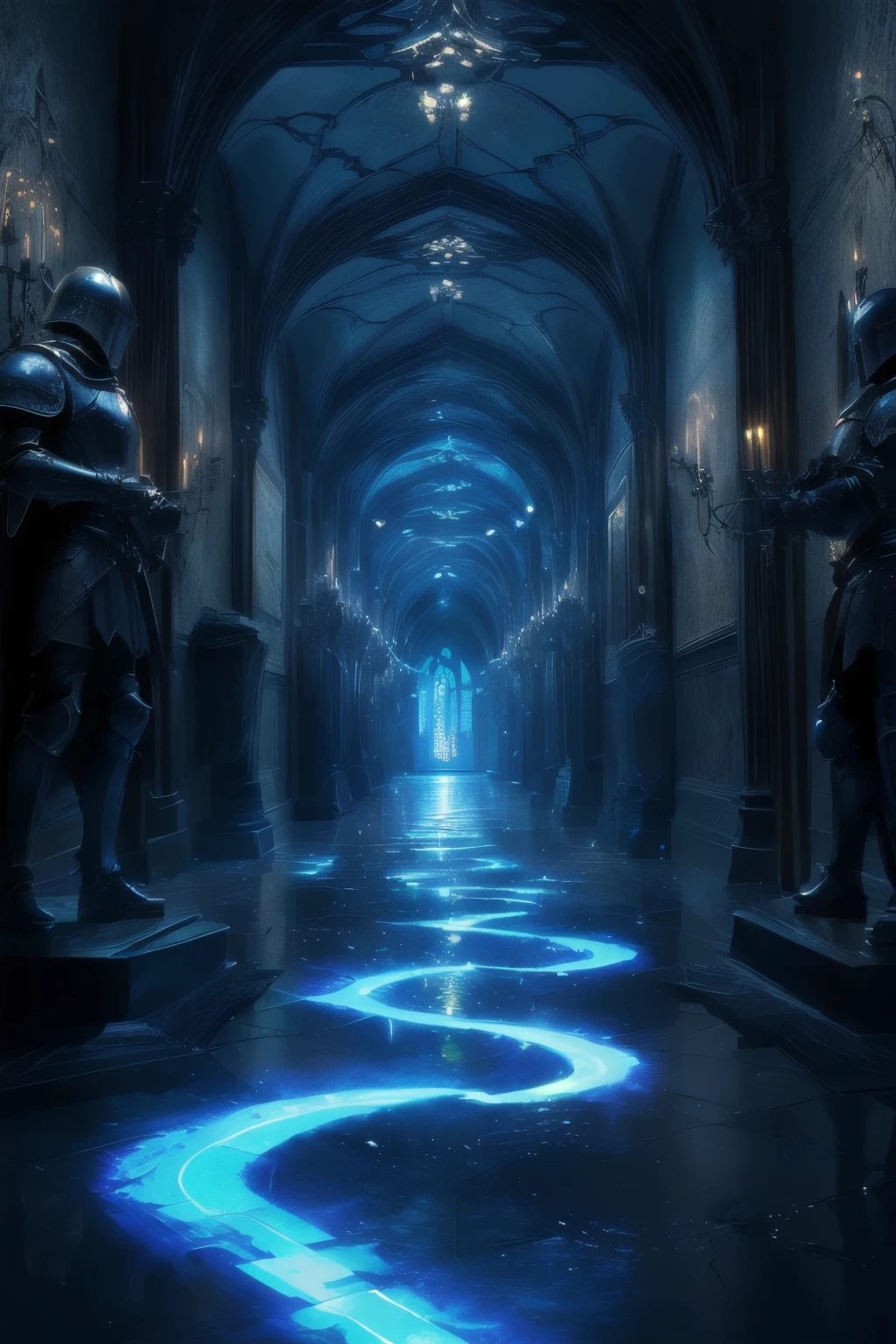 （masterpiece,Best quality 1.2),(A never-ending hallway)、Dark corridor、 Gothic Architecture , Beautiful metal knight statues on the left and right,（ more details、 high definition),[[ Mysterious Blue Fluorescent Spell ]]is arranged in space, Contrast of Light and Shadow 、Reflection of light、 unrealistic