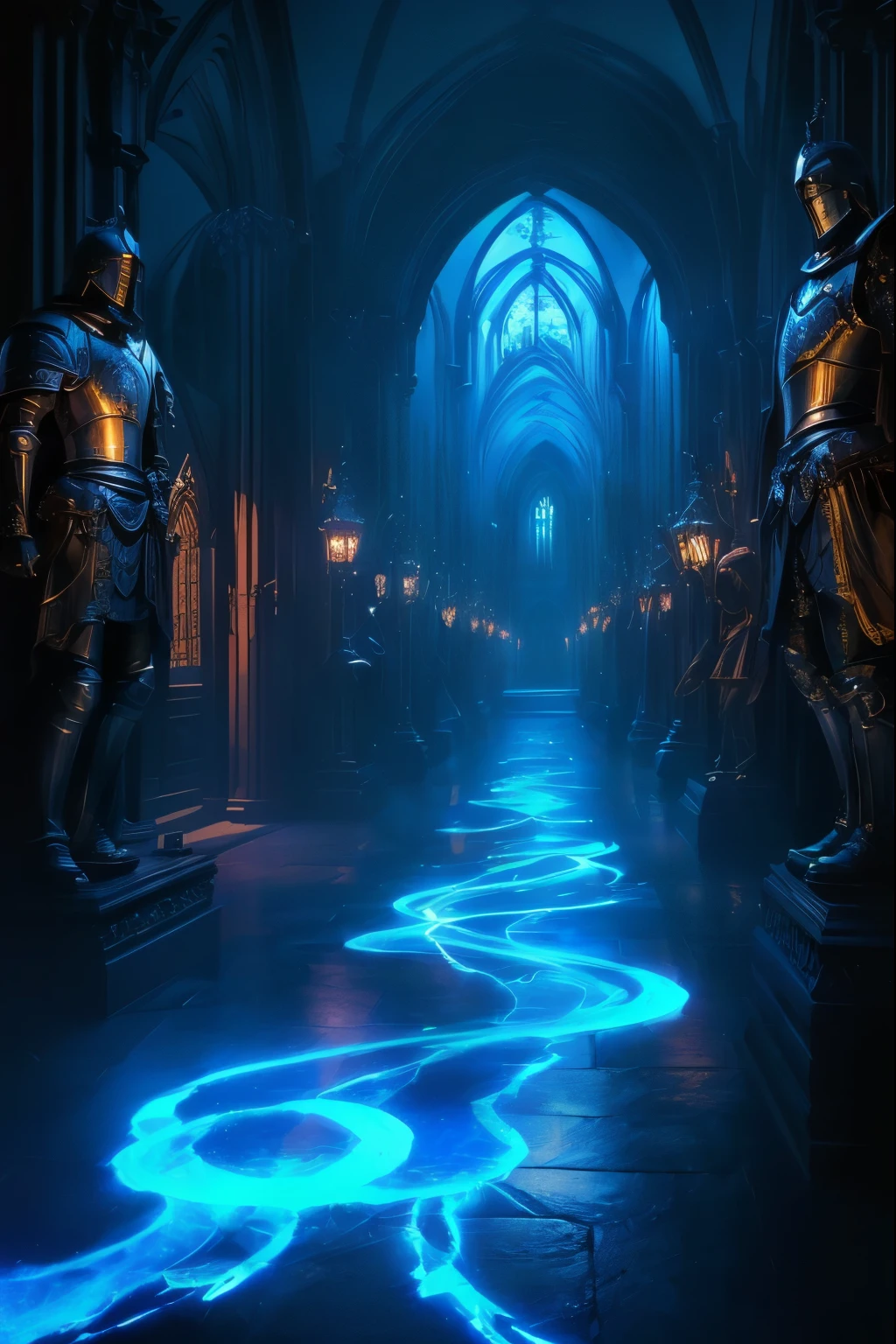 （masterpiece,Best quality 1.2),A never-ending hallway、Dark corridor、 Gothic Architecture , Beautiful metal knight statues on the left and right,（ more details、 high definition),[[ Mysterious Blue Fluorescent Spell ]]is arranged in space, Contrast of Light and Shadow 、Reflection of light、 unrealistic