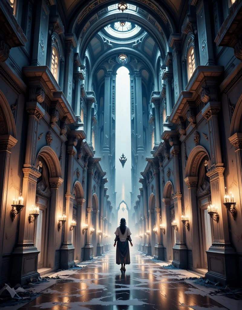 a long, winding corridor with no end, intricate architecture, mysterious atmosphere, dimly lit, dramatic shadows, moody lighting, gloomy ambiance, dusty and aged, crumbling walls, cobwebs, flickering lights, sense of unease, unsettling presence, (best quality,4k,8k,highres,masterpiece:1.2),ultra-detailed,(realistic,photorealistic,photo-realistic:1.37),dark fantasy,gothic,chiaroscuro,cinematic