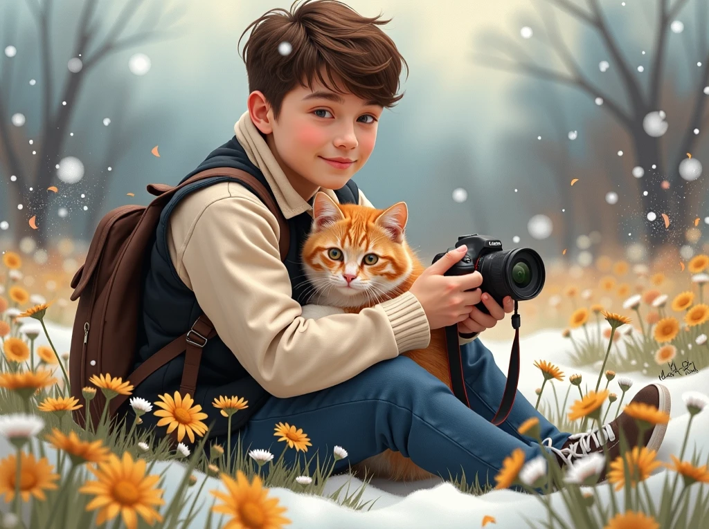 pixar style caricature 4D realistic full body oil painting of a teenage man wearing cream colored long sleeve flannel, black vest, sitting in a flowery meadow, carrying a Canon D2400 dlsr camera, holding a cute orange white cat, sneakers, he is looking towards the camera with a slight smile, High quality artistic impressionist painting, winter atmosphere background. Uhd, 16k