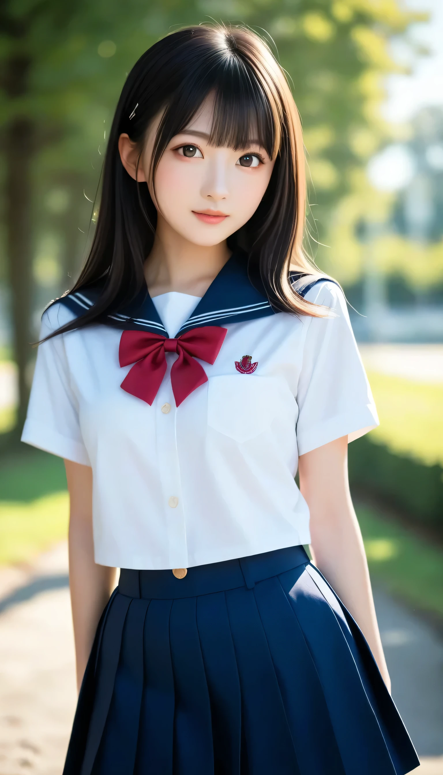  detailed face ,  cute face,18-year-old female,  long hair,  RAW photos, Bokeh ( realism: 1.4,  realistic),  high resolution CG integrated 8K wallpaper ,  one girl, (( slim body : 1)), ( small breastss: 1), Back to viewers, ((Direct View from Front )), ( High Quality スキン: 1.4),  8K ultra HD,  DSLR , Soft light,  High Quality ,  film grain,  Fujifilm XT3, (( school uniform,  short skirt, can be seen through the open skirt:1.5)), (( outdoor, In the park))) lamb,  portrait,(( superimposed short hairstyle, , small breasts:1.2)),(View your viewers:1.4),(whole body:1.8)