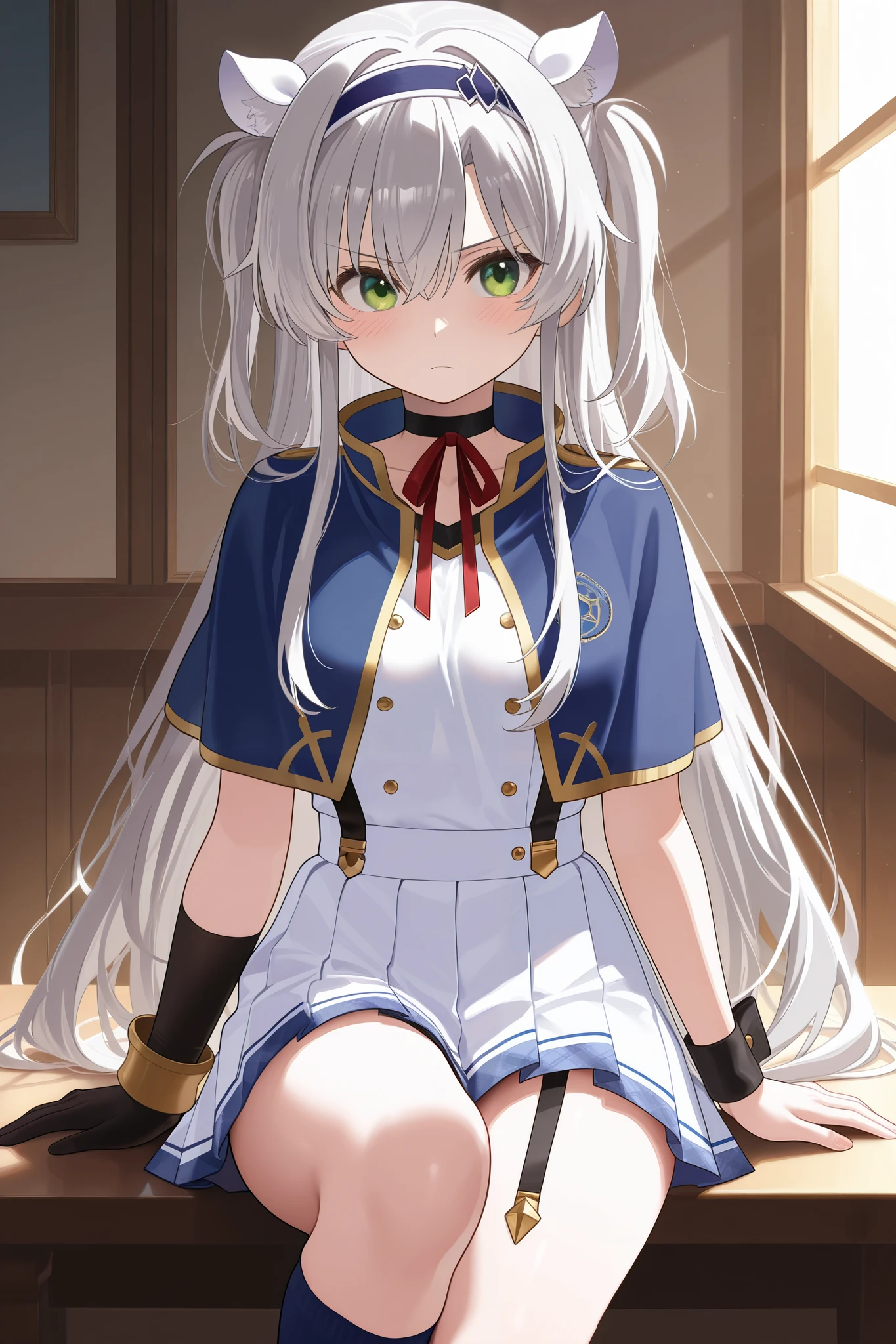 NSFW,masterpiece, top quality, high definition, very detailed,Sistine＝Fiebel 、 Roku Denashi Magi Instructor and Akashic Records、 green eyes、 gray hair、stupid hair、 small breasts、 long hair、 Blue Hairband 、 fake animal ears ,Arzano uniform 、 blue capelet、 blue knee socks 、 neck ribbon、 choker 、 garter strap、 wrist cuff on one side 、One glove、Uneven gloves 、Pleated skirt、Suspender skirt、abdomen