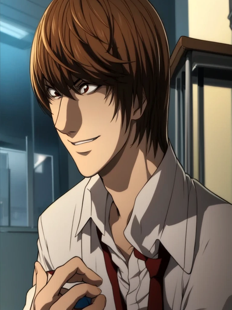  Light Yagami , mysterious smile, quality, mysterious, Cabelo Castaño , student. (1 man)