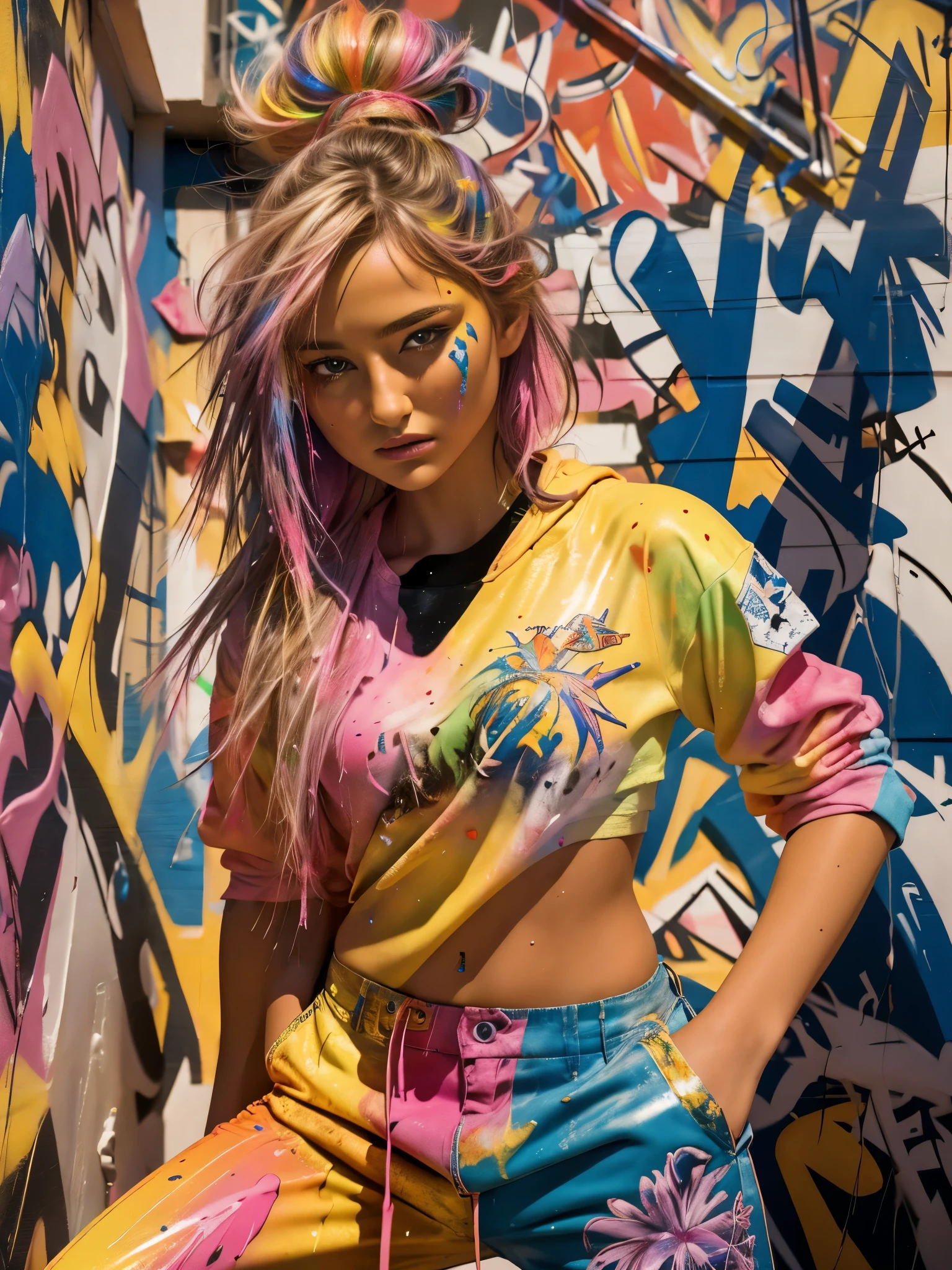 (best quality), masterpiece, extremely detailed CG uniform 8K illustration, high color, extremely high color saturation, all colors deepened, paint, graffiti art, center composition, extremely detailed light and shadow, graffiti wall, wall painted bright, 1 girl graffiti 1 girl looking at the wall, extremely detailed face and eyes, medium length hair, sportswear, colored clouds, parisdiam0nd, paint splashed around liberally