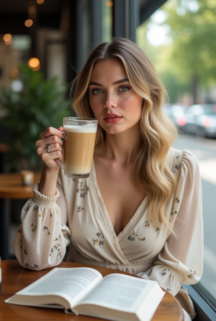 mannequins Instagram, sitting in a cafe&#39;exterior in Amsterdam, tout le buste, beaux yeux detaileds, lèvres magnifiquement detailedes, yeux et visage extrêmement detaileds, court, belle rose Hair ((best quality)), ((head of&#39;artwork)), (detailed), realistic face, regarde sur le côté ou de face